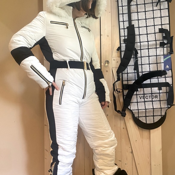 S - 2XL winter SNOWSUIT white album black stripe womens skisuit belted insulated - Picture 12 of 16